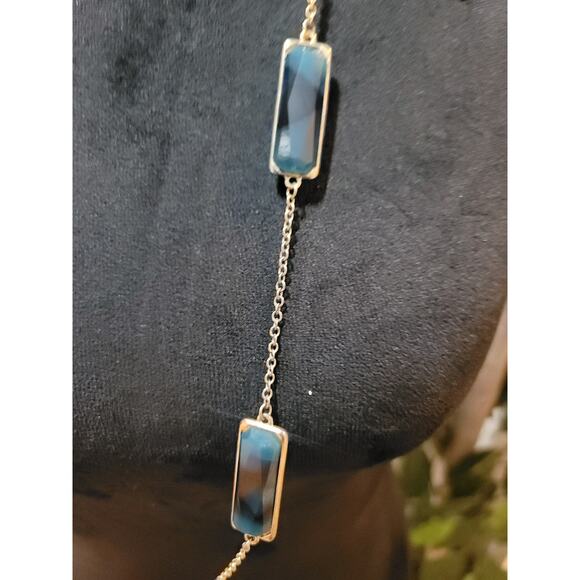 Women’s Gold Tone Long Chain Necklace With Blue Rectangular Stones Lobster Lock - Picture 5 of 6